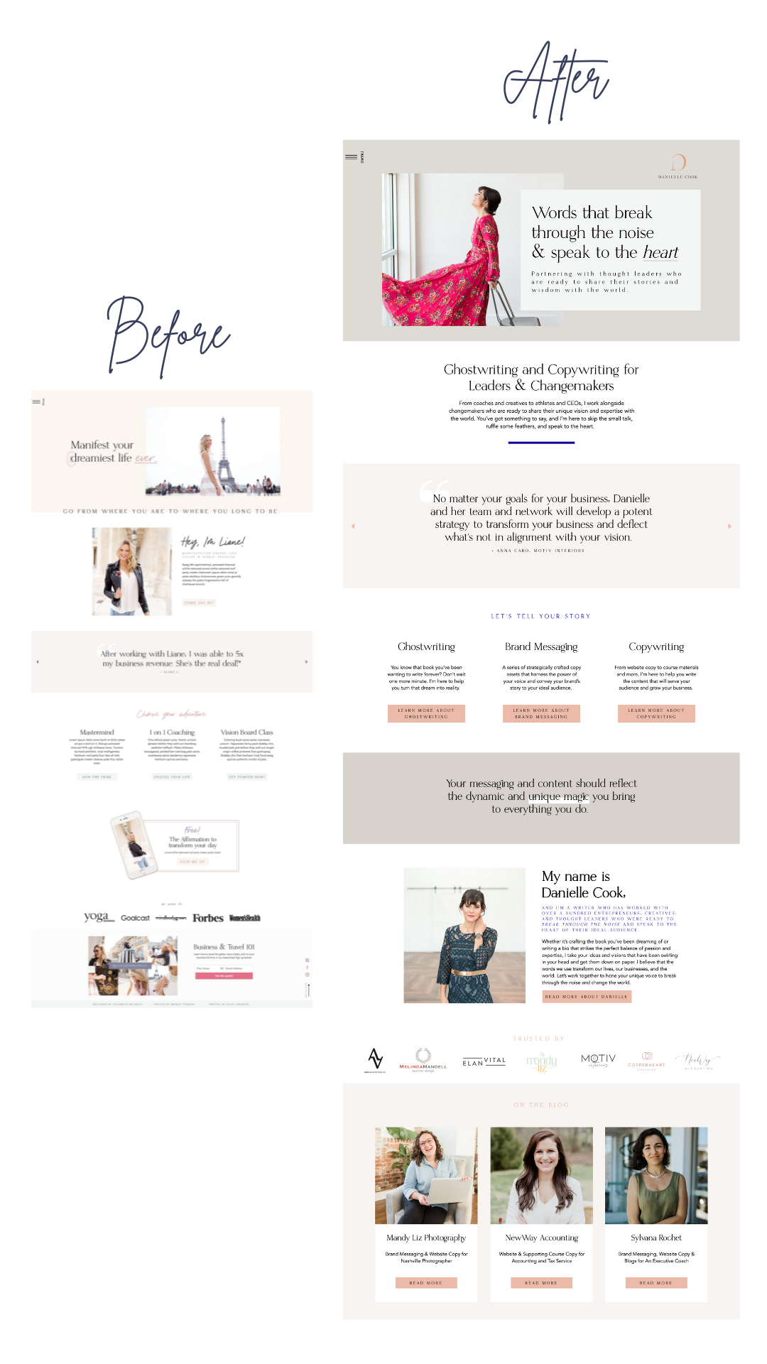 Showit template customization before and after for a copywriter