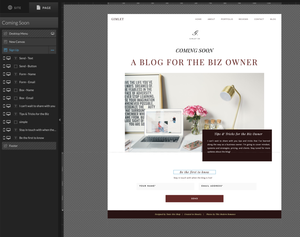 A blog coming soon page designed in Showit