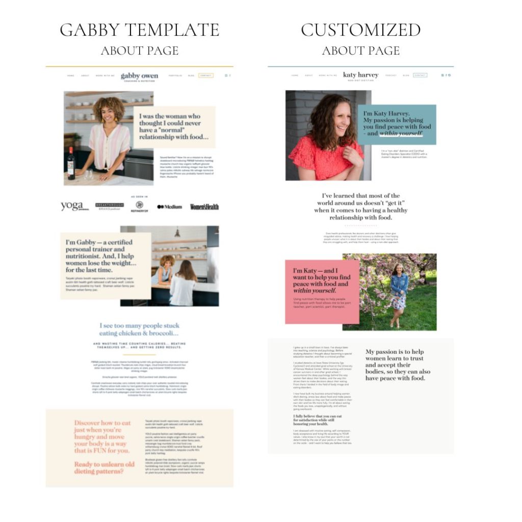 Before and after images of the Gabby template from EM Shop about page and the customized non-diet dietitian Showit website