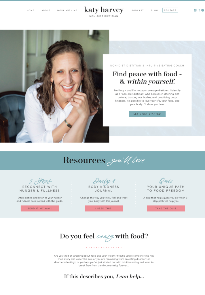 Showit website of non-diet dietitian Katy Harvey after customizing her Showit template