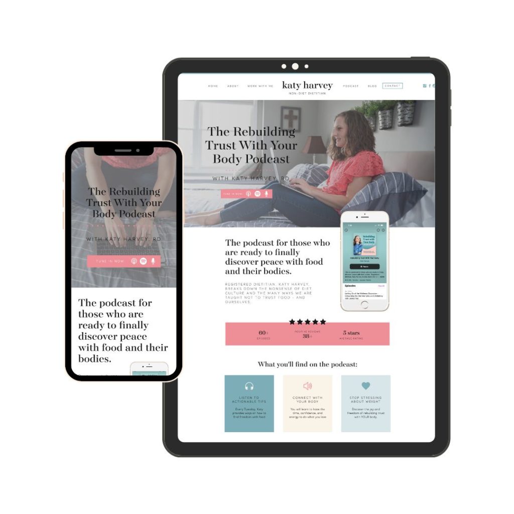Showit template customization of EM Shop Gabby Podcast Kit on a non-diet dietitian podcast page