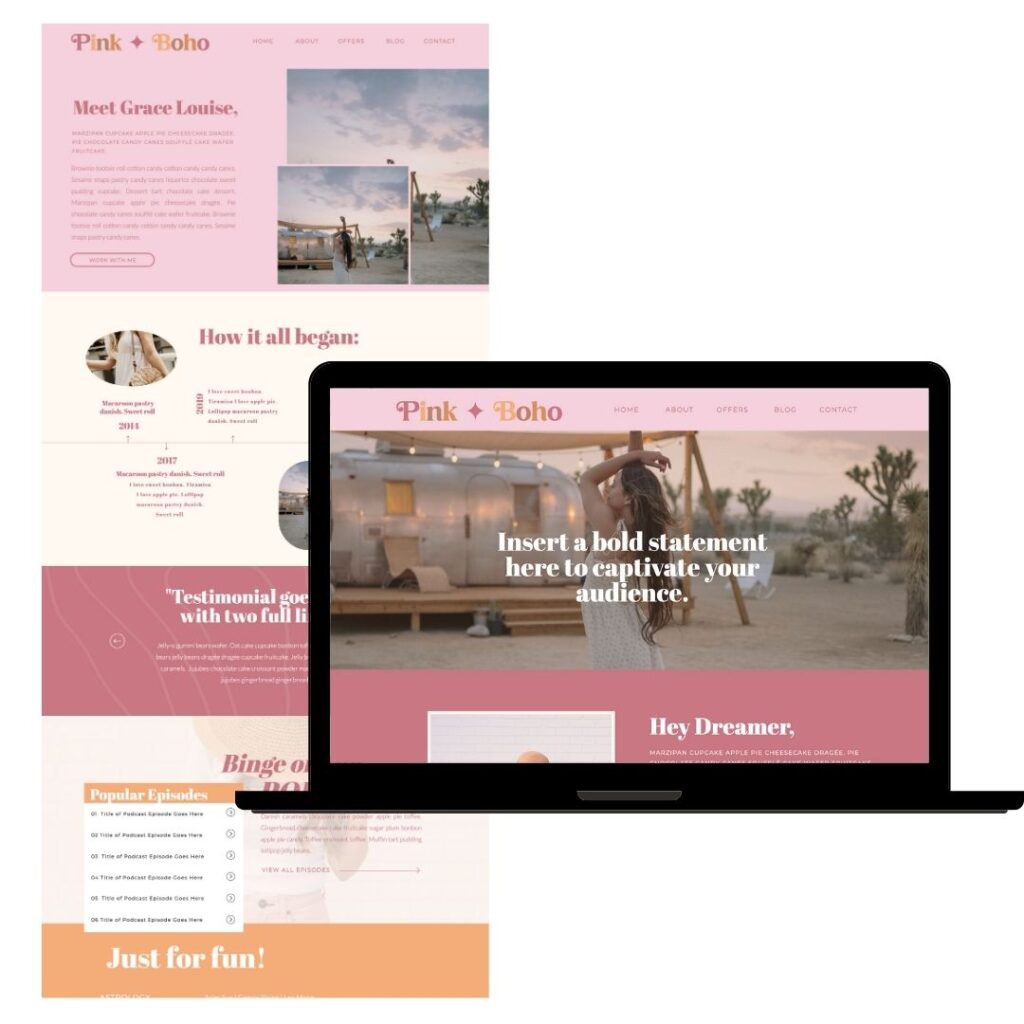 Home page and about page of the Showit Template from Etsy