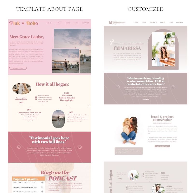 Before and after of an about page of a Showit website