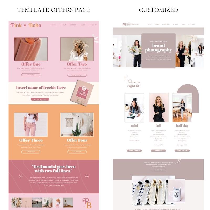 Before and after of an offers page of a Showit template 