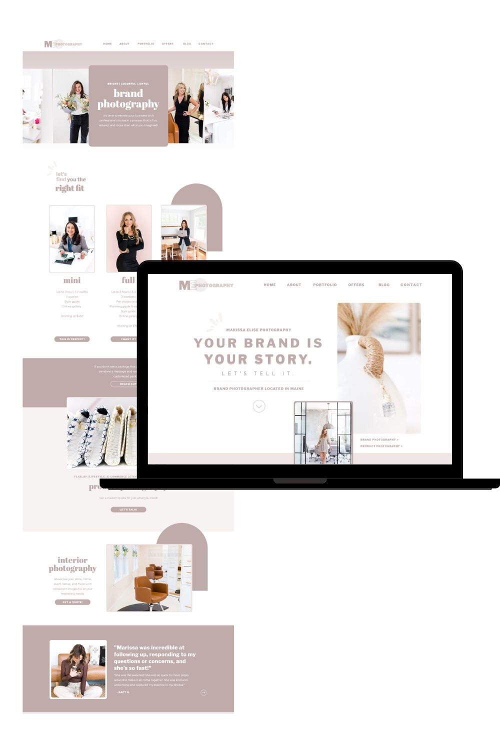 Home and about page for brand photographer Showit website