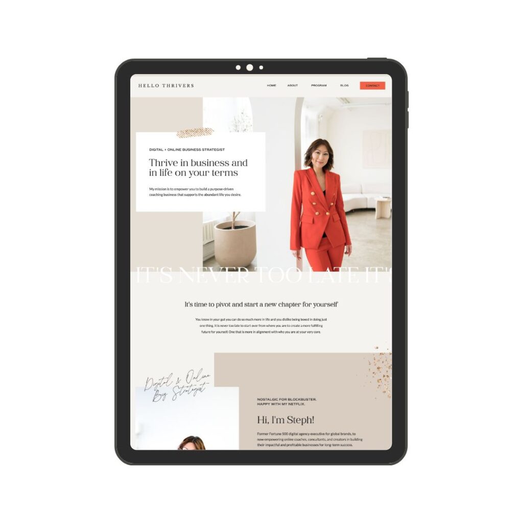 Hello Thrivers home page on an ipad mockup using a Tonic Site Shop Showit template