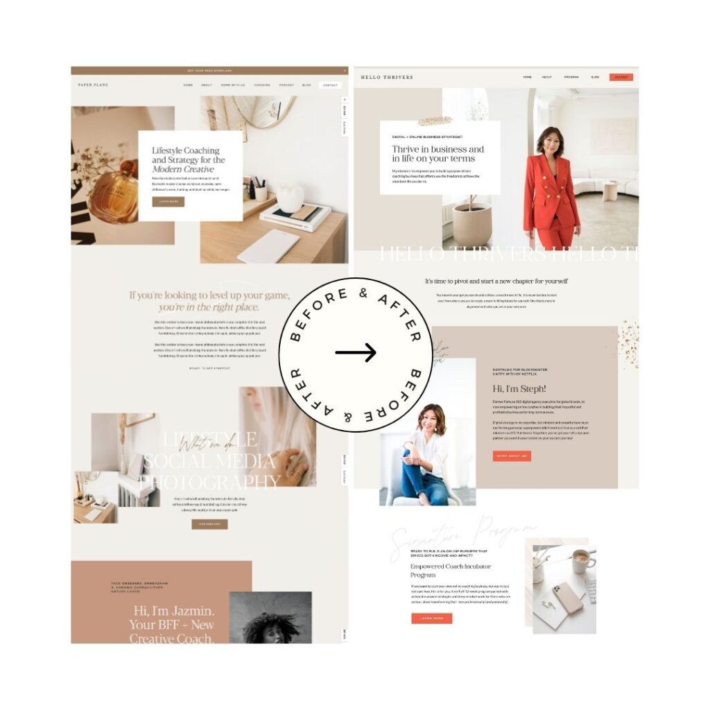A before and after picture of the home page of an online coaching business using the Paper Plane template from Tonic Site Shops