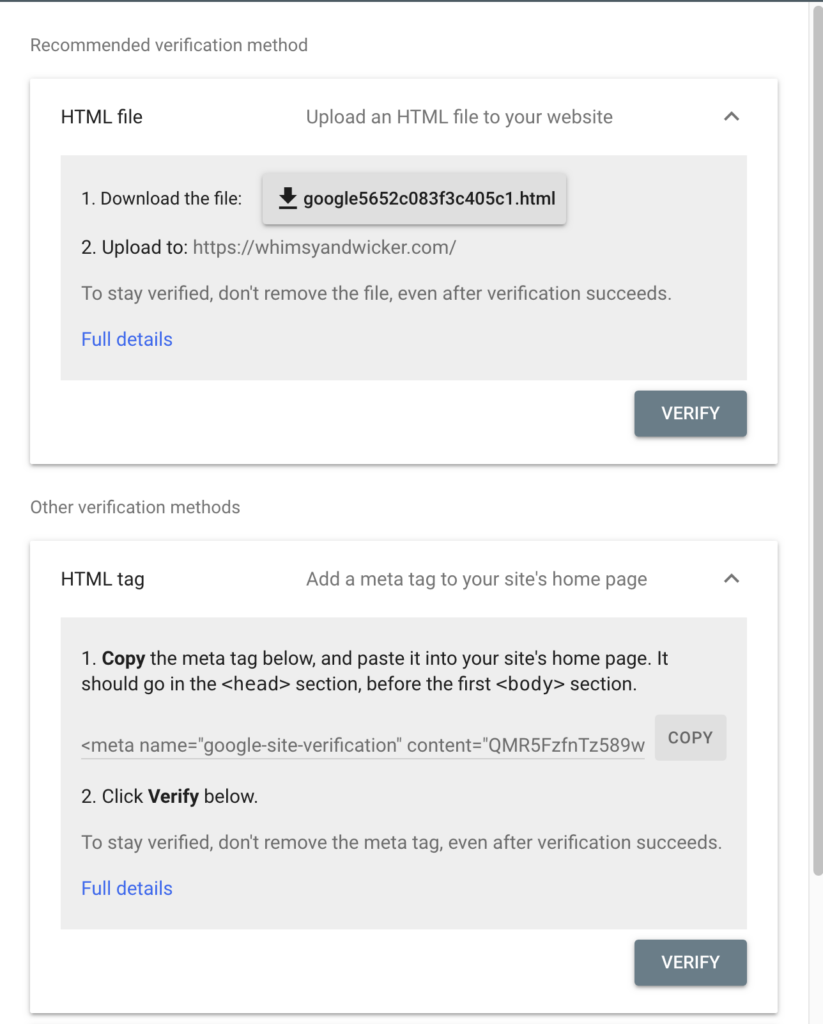 Screenshot of Google Search Console and how to verify your property