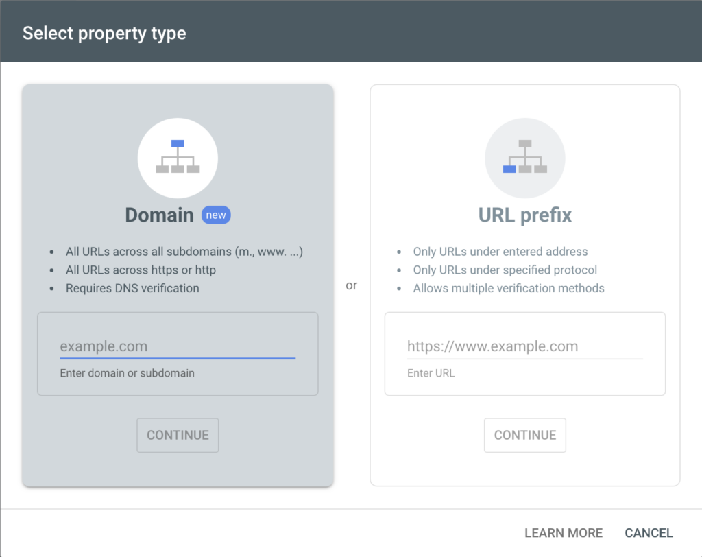 Two different options to verify your property in Google Search Console
