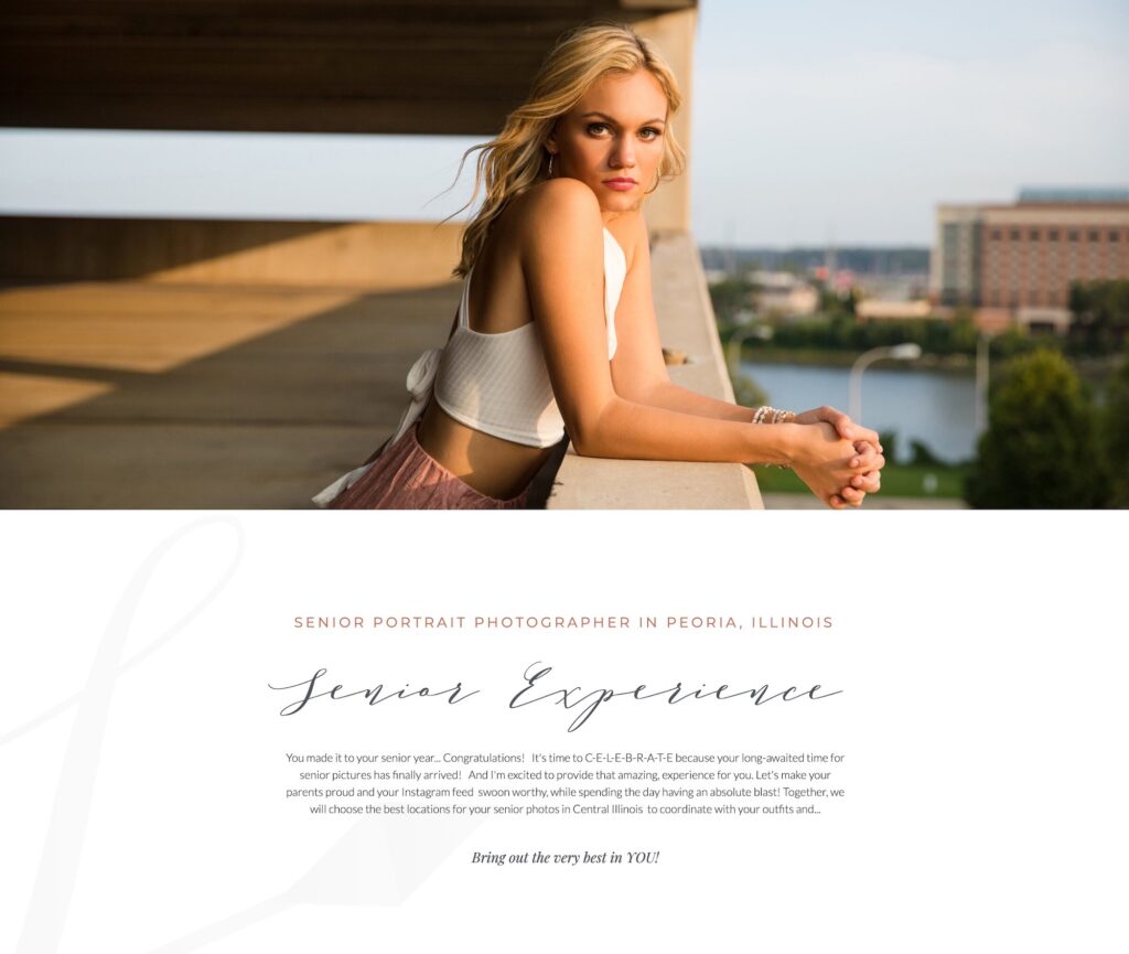 The top part of a senior photography website after the paragraph has been altered by a Showit web designer.