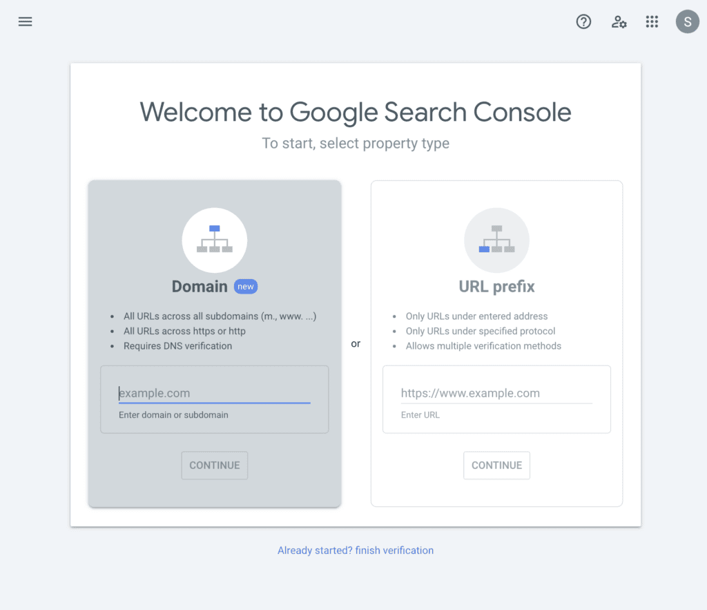 google search console set-up screen