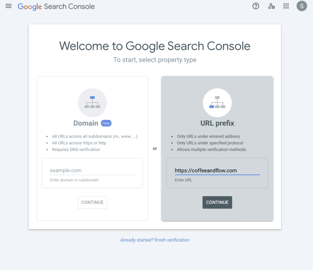 google search console setup screen with url prefix being used