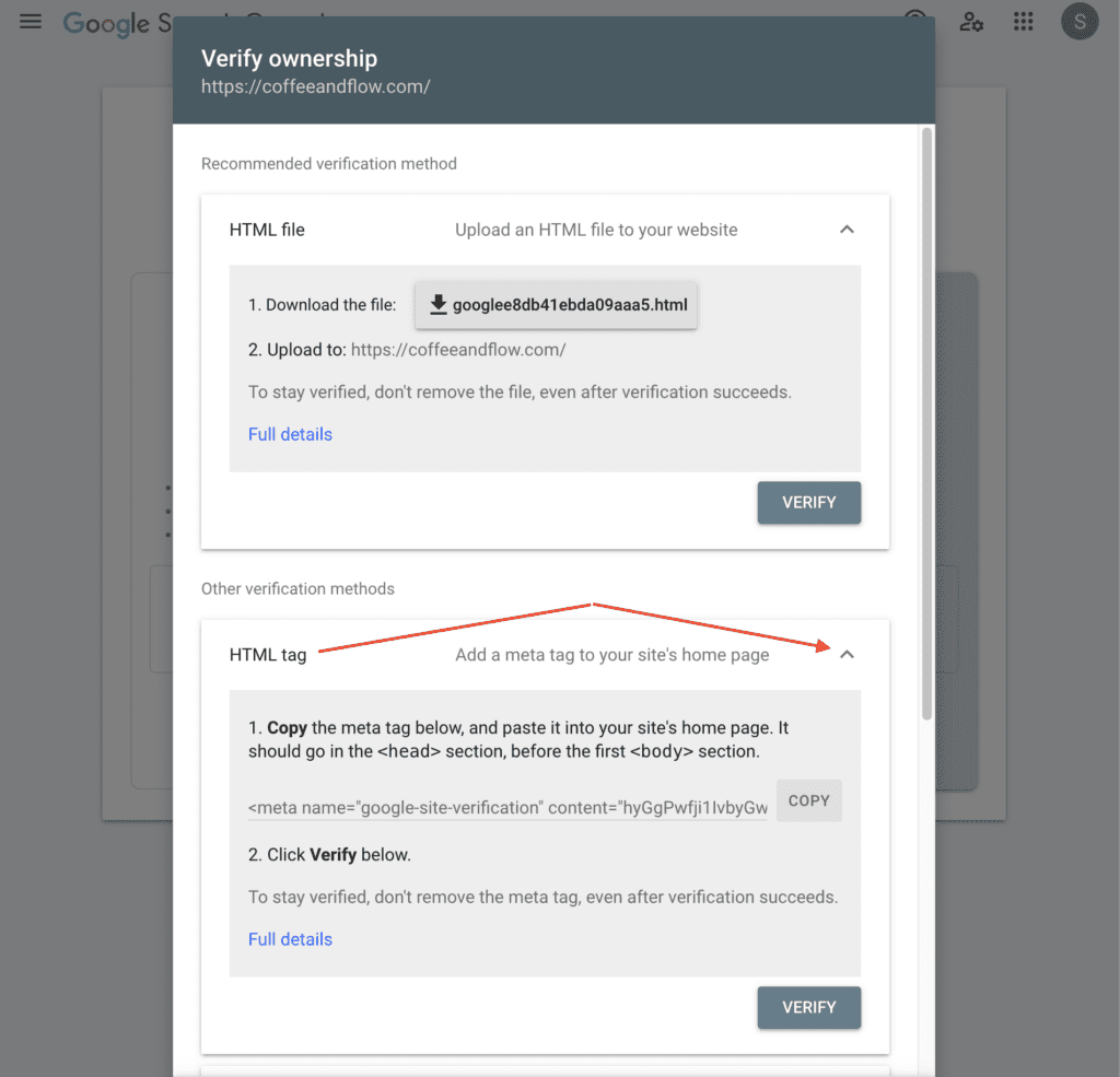 verify ownership screen from google search console using the html tag