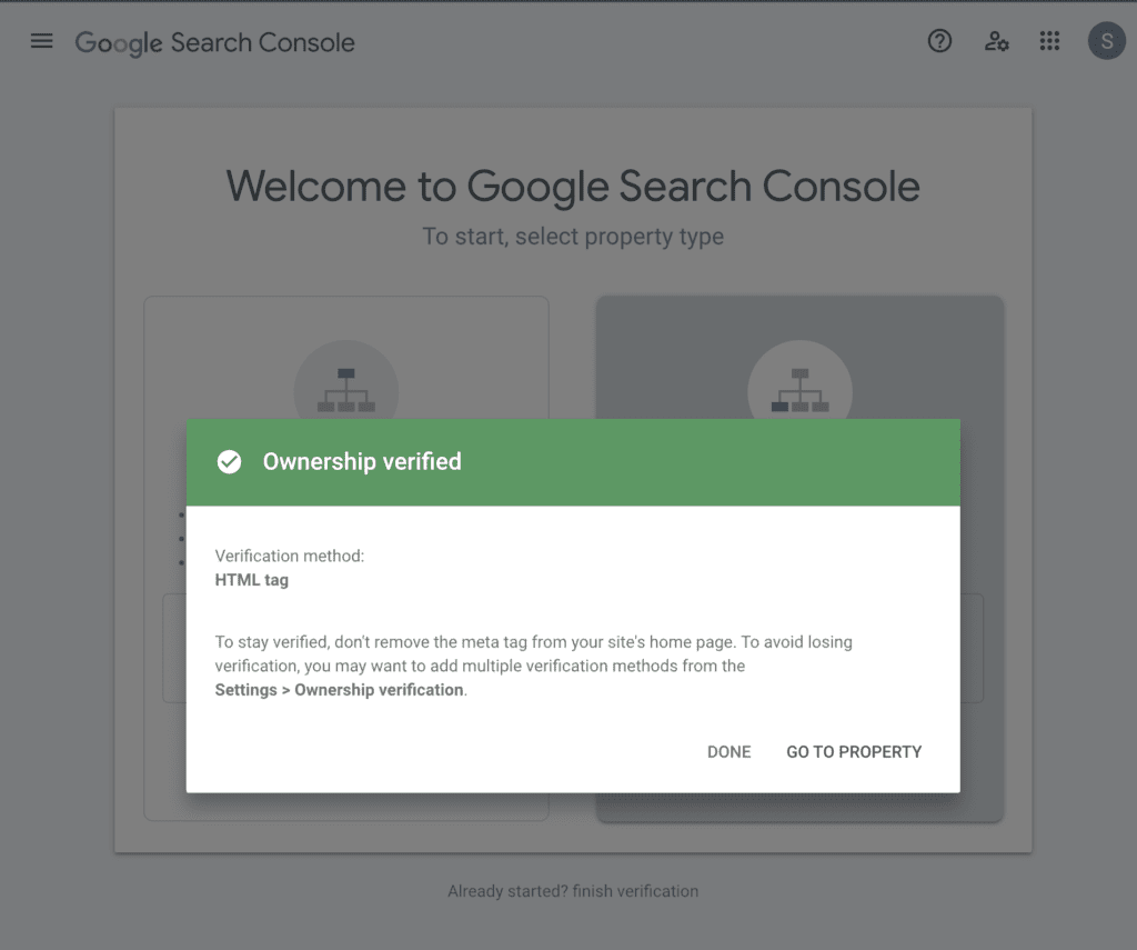 google search console ownership verified box